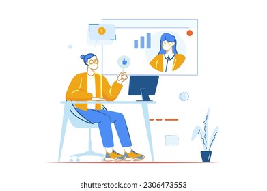 Concept webinar with people scene in the flat cartoon design. Business woman holds a webinar about all the intricacies of business. Vector illustration.