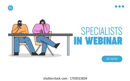 Concepto De Seminario Web.Página de inicio del sitio web. Los Estudiantes Están Tomando Un Curso Remoto Conjunto En Línea O Una Conferencia De Negocios De Video. Estilo plano de esquema lineal de dibujo de página web. Ilustración vectorial