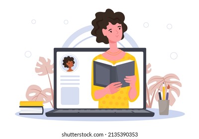 Concept of webinar. Young girl with book on screen. Modern technologies and digital world. Distance education and information on Internet, person teaches lesson. Cartoon flat vector illustration