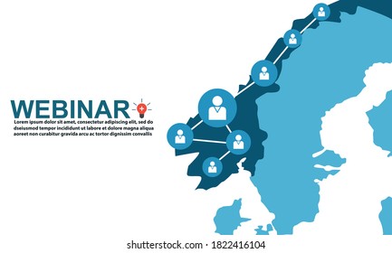 Concept webinars with Map of Norway and distance learning and learning slogans anywhere anytime. Free Vectors