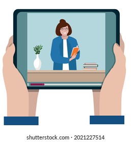 The concept of webinars, online conferences, online trainings, lectures. Communication with the teacher on the Internet, tablet, chat with the teacher, webcast.   Vector illustration .