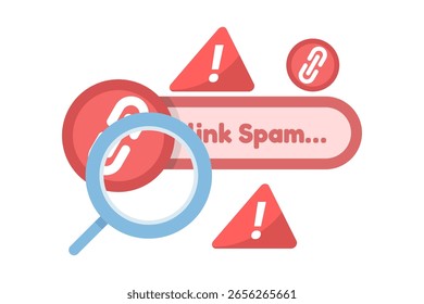 Konzept der Website durch Suchmaschinen-Core-Update betroffen, Website verliert Ranking und Traffic aufgrund von Spam-Link-Building, manuelle Aktion für Link-Spam. Flache Vektorgrafik.