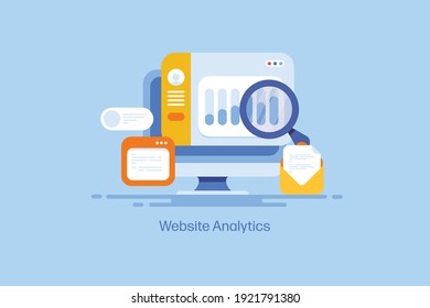 Konzept der Website-Analyse, Seo-Analyse, Webauftritt, E-Mail-Marketing-App, Social-Media-Marketing-Tool - Vektorgrafik mit Symbolen