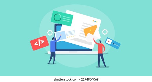 Concept of website builder software, People designing website with website builder application - flat design vector illustration with icons and characters