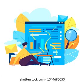 Concept of the website building by a freelancer. Create web page on the computer. Design, construction and development. Programming process. Flat cartoon style vector illustration