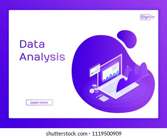 Concept website. Business strategy. Analysis data and Investment. Business success.Financial review with laptop and infographic elements. 3d isometric flat design. Vector illustration.