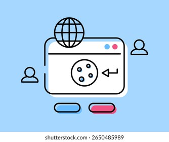 a concept of website cookies. illustration of browser window with cookies symbol. red blue white color. outline flat style design. blue background