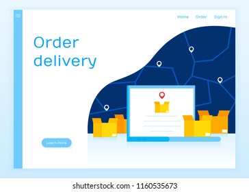 Concept website. Delivery orders and tracking cargo on a laptop. Laptop and boxes on the background of a city map. Modern flat design vector illustration.