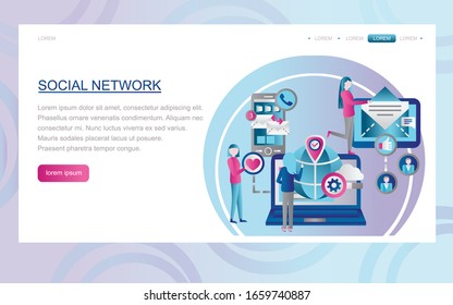 Concept for website development and mobile applications. Vector illustration. Social network. Landing page template. Flat, modern design. Characters for web page or homepage.