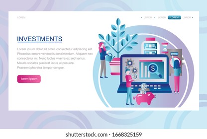 Concept for website development and mobile applications. Vector illustration. Investments. Landing page template. Flat, modern design. Characters for web page or homepage.