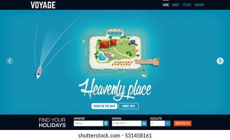 Concept Website Header Template With Top View Of The Island In The Form Of A Suitcase For Time To Travel And Vacations Banner.