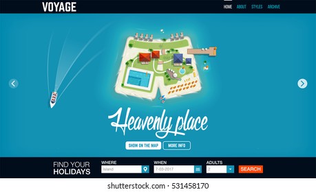 Concept website header template with top view of the island in the form of a shorts for time to travel and vacations banner.
