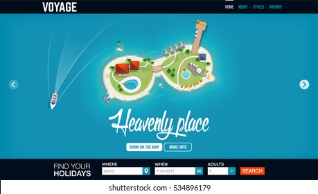 Concept website header template with top view of the island in the form of a sunglasses for time to travel and vacations banner.