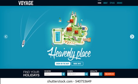 Concept website header template with top view of the island in the form of a finger up for time to travel and vacations banner.