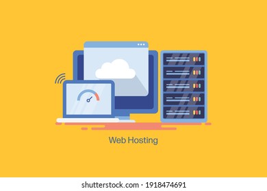 Concept of website hosting, cloud hosting, Cloud storage, internet server, business hosting service - flat design vector illustration with icons