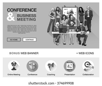 Concept for website, infographics. Flat bright design of web banner template with outline bonus icons of coworking, business people training, corporate conference, sales meeting presentation.