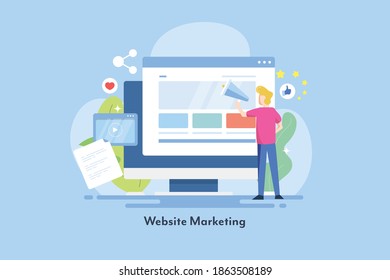 Concept of website marketing, Digital marketing, Content, Social media promotion - vector illustration landing page with icons