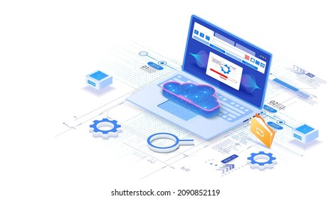 Concept of website name, url address. Blank UI, UX minimal browser window for computer. Internet search, magnifier, globe, gear, folder. 3d vector web banner