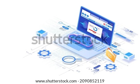 Concept of website name, url address. Blank UI, UX minimal browser window for computer. Internet search, magnifier, globe, gear, folder. 3d vector web banner