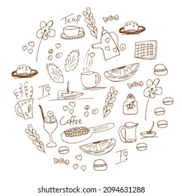 concept of a website page, a menu with coffee or tea. A set of hand-drawn doodle style elements for coffee or tea. Vector illustration with text
