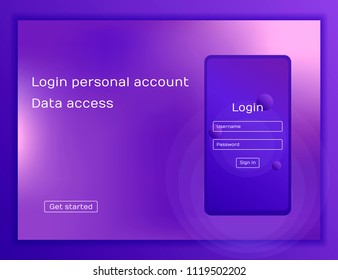 Concept website. Sign In Screen. Clean Mobile UI Design Concept. Login Application with Password From Window. Trendy Holographic Gradients Shapes. Modern Flat style illustration.