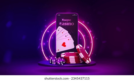 A concept for a website with a smartphone with chips, dice and poker cards on a podium with a bright purple neon frame. Mobile phone on the platform.