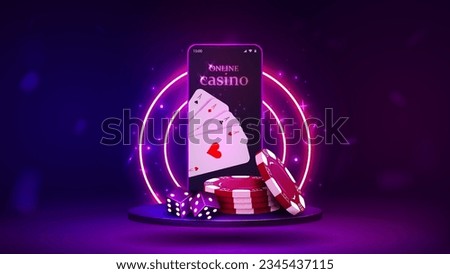 A concept for a website with a smartphone with chips, dice and poker cards on a podium with a bright purple neon frame. Mobile phone on the platform.