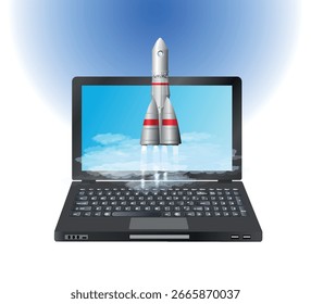 Concepto de Sitio web y lanzamiento de la nave espacial. Cohete despegando de la computadora portátil. Vector 3D ilustración