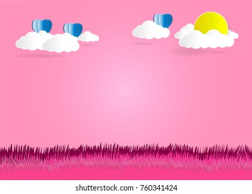 Concept of wedding cards,heart balloon fly over flower field , paper art and craft style.