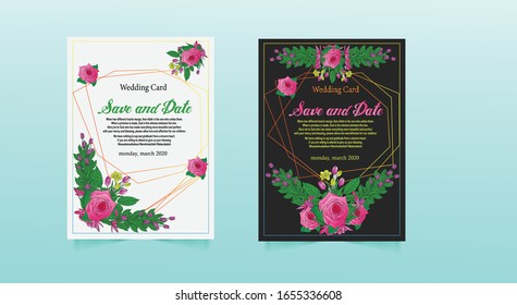 The concept of wedding ornaments. Poster of flowers in pink, yellow green and purple. Vector background on the golden line design of decorative greeting cards.