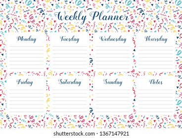 Concept of a weekly planner with hand drawn serpentines. Vector