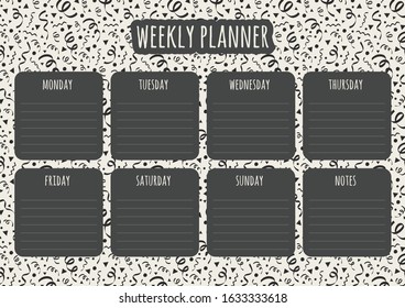 Concept of a weekly planner with hand drawn serpentines. Vector