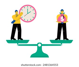 The concept of weighing time and money to find a balance in life. Flat vector illustration isolated on white background
