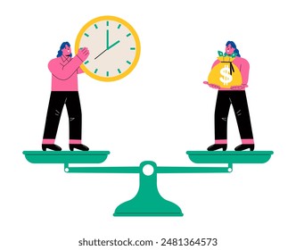 The concept of weighing time and money to find a balance in life. Flat vector illustration isolated on white background
