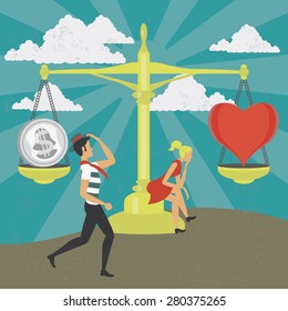 Concept of a weight balance with money and love, and man and woman thinking about the price. The grunge texture is removable from the background.