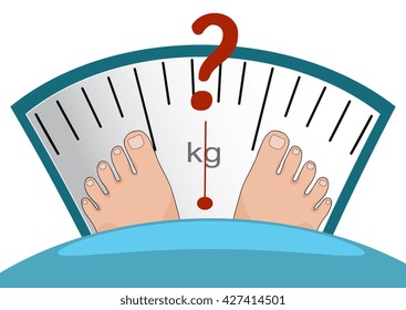 Concept of weight loss. Fat man or woman standing on scale, vector.