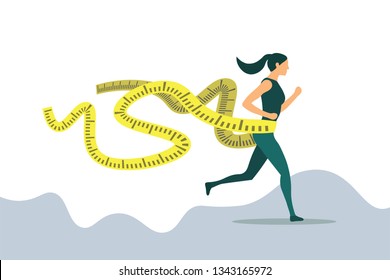 Concept of weight loss, girl running with measuring tape, wellness jogging, weight reduction, vector, illustration