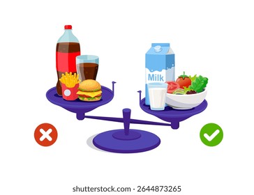 Concept of weight loss, healthy lifestyles, diet, proper nutrition. Vegetables and fast food on scales. Vector illustration in flat style. Stock illustration.