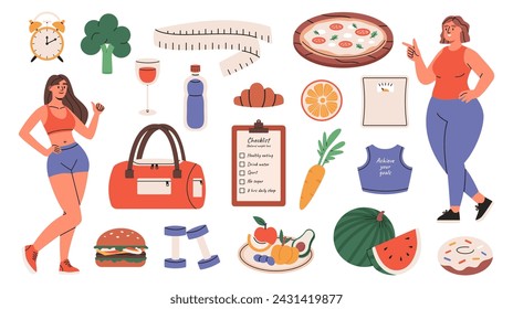 Concept of weight loss. Healthy and unhealthy eating. Overweight woman and woman with good figure. Fitness elements. Flat vector illustration.