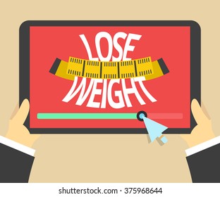 Concept of the weight loss with measuring tape on the screen. Hands holding a tablet.