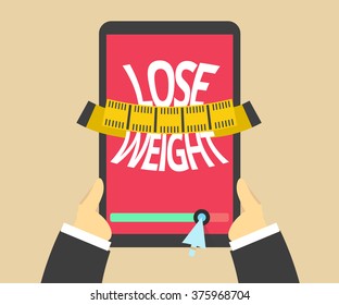 Concept of the weight loss with measuring tape on the screen. Hands holding a tablet.