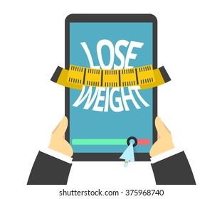 Concept of the weight loss with measuring tape on the screen. Hands holding a tablet. Flat vector illustration.