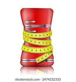 Concept of weight loss, refrigerator and centimeter tape on a white background. Vector illustration