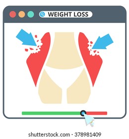 Concept of the weight loss with a slim figure lady on browser screen. Flat vector illustration.