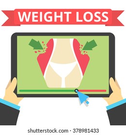 Concept of the weight loss with a slim figure lady on tablet screen. Flat vector illustration.
