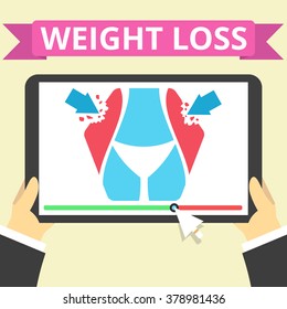 Concept of the weight loss with a slim figure lady on tablet screen. Flat vector illustration.