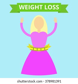 Concept of the weight loss. Slim lady with measuring tape. Flat vector illustration.