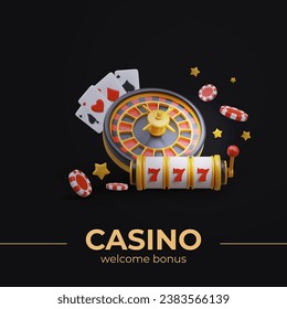 Concept of welcome bonus in casino. Roulette, playing cards, dice, poker chips, slot machine. Different types of gambling. Vertical mockup on black background with realistic 3D composition