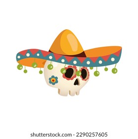 Concept Welcome to Mexico hat skull. This illustration features a colorful and playful design with a flat, cartoon-style aesthetic. Vector illustration.
