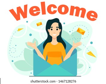concept welcome subscription email newsletter woman from letters mail. Workflow process. Social network, the best estimate of performance, people leave feedback and comments.